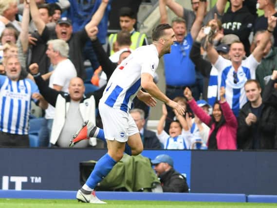 Shane Duffy celebrates scoring against Manchester United. Picture by PW Sporting Photography