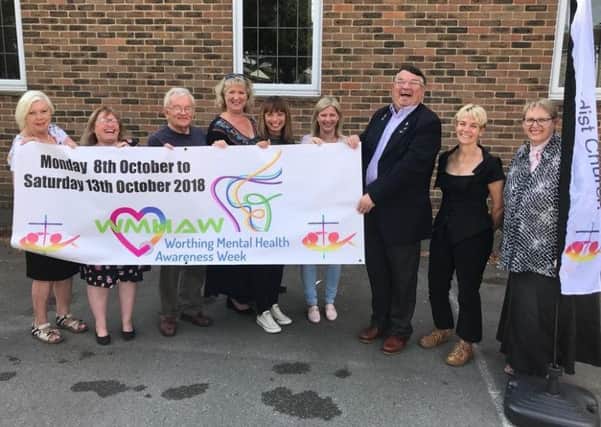 Worthing Mental Health Awareness Week 2018h, from left, concert co-ordinator Karen Simporis, organiser Carol Barber and husband Roger, county councillor Elizabeth Sparkes, website designer Stacey Church, marketing co-ordinator Melanie Patrick, co-founder Bob Smytherman, Worthing Borough Council families and wellbeing lead Janice Hoiles and the Rev Dawn Carn, minister at Offington Park Methodist Church