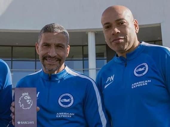 Paul Nevin pictured with Chris Hughton, after Brighton's boss won the February manager of the month award last season. Picture by Paul Hazlewood/BHAFC