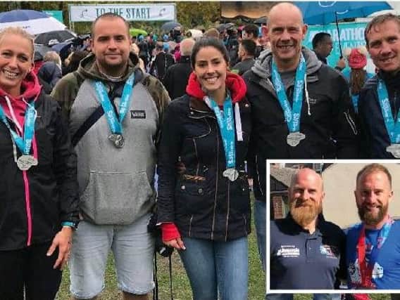 Hastings & Rother Triathlon Club members at the Swim Serpentine event (above), Andrew Blick with his finishers medal at the Ironman event in Italy (below), and Paul Harris and Ross Garnett (inset)