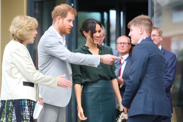 DM18100332a.jpg. Harry and Meghan, the Duke and Duchess of Sussex, open the University of Chichester's Tech Park. Talking to Jack Greenwood, president of the students' union. Photo by Derek Martin Photography SUS-180310-145656008