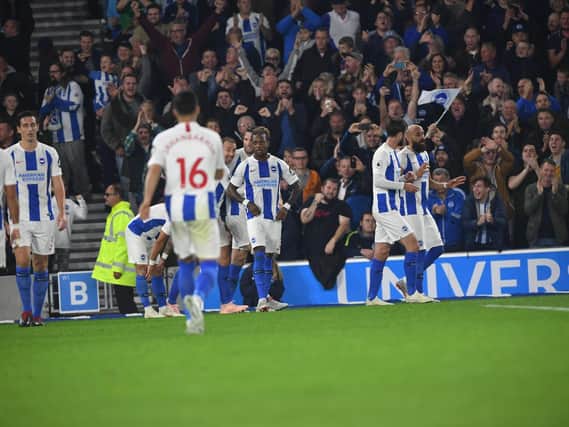 Brighton celebrate Glenn Murray's opener against West Ham. Picture by Phil Westlake (PW Sporting Photography)