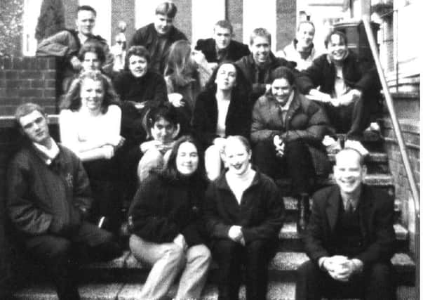 Mr Nicholls (far right) outside Duckering Hall with his Tutor Group in 1998