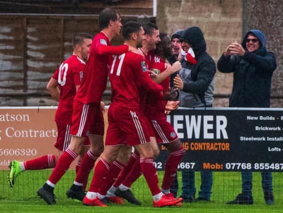 Worthing celebrate a goal in the FA Cup win over Moneyfields. Picture by Tommy McMillan