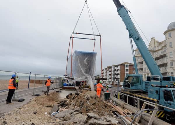 The new toilets are lowered into  place on the seafront.ks180482-1 SUS-180210-175550008