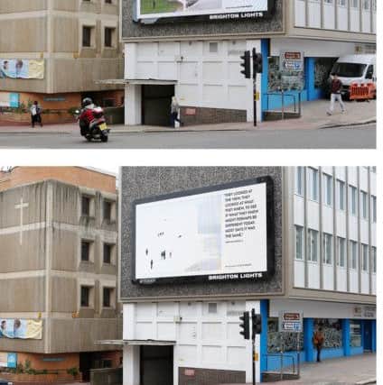 Between the Acts, the artwork by Simon Roberts, displayed at a North Road advertising screen (above), and Simon's new image with the cliff's removed