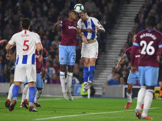 Shane Duffy wins a header against West Ham. Picture by PW Sporting Photography