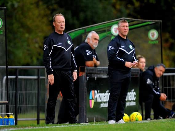 Burgess Hill Town joint caretaker boss John Rattle (left) has backed his side to deliver against Wingate & Finchley after picking up their first league win of the season at the weekend. Picture by Steve Robards.