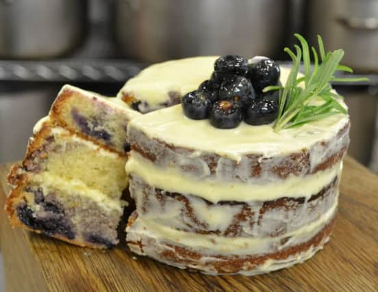 Semi-nude blueberry and elderflower layered cake