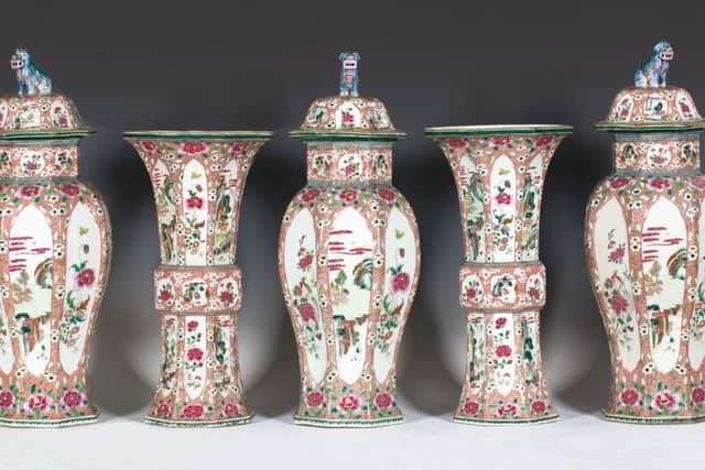 A garniture of five Chinese Yongzheng period (1723-1735) porcelain vases estimated at Â£15,000-Â£25,000 from an important London single owner collection of Asian art.