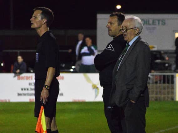 Robbie Blake and Jack Pearce watch on as the Rocks lose to Folkestone / Picture by Darren Crisp