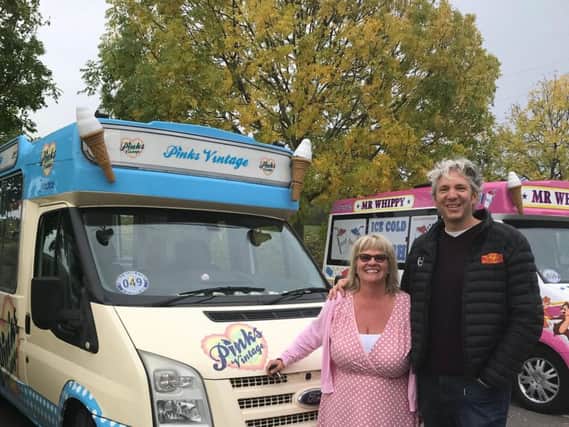Owner Katy Alston with television presented Edd China infront of the Pinks Vintage van