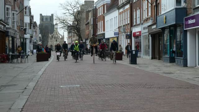 Residents against a Sunday ban on cycling in Chichester city centre's pedestrian precinct pictured in March
