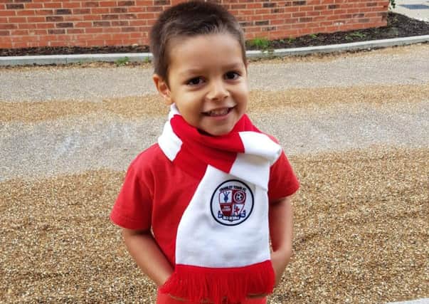Below young Reds fan Lewis (3) proudly wears his Crawley Town scarf. The next generation of Reds fans are on the rise. Picture by Steve Herbert SUS-181021-141101002