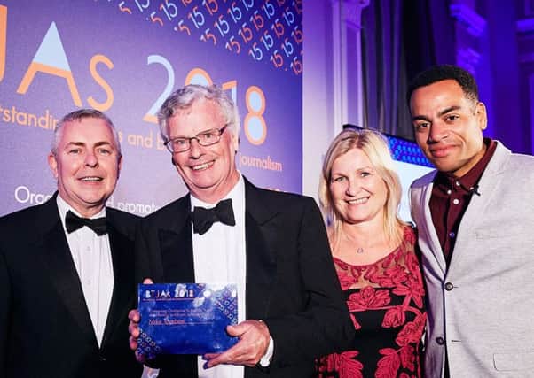 Mike Toynbee pictured with his award with (from the left) Kevin Johnston and Linda Harding of United Airlines (sponsors of the award) and rapper, comedian and actor Doc Brown, BTJA host at the ceremony