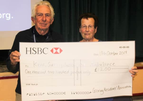 Goring Residents' Association chairman Eleanor Millward presented a cheque to the Kent, Surrey and Sussex Air Ambulance Trust