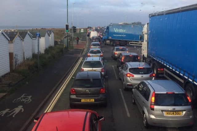 Traffic along Brighton Road, caused by the temporary traffic lights, taken this morning. Picture: Isabella Cipirska