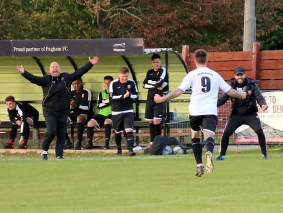 Pagham celebrate their winner against YMCA / Picture by Roger Smith