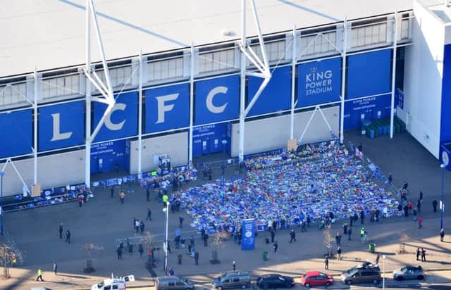 Aerial view of the floral tributes outside the King Power Stadium, in Leicester (Photograph: Tristan Potter/SWNS.com)