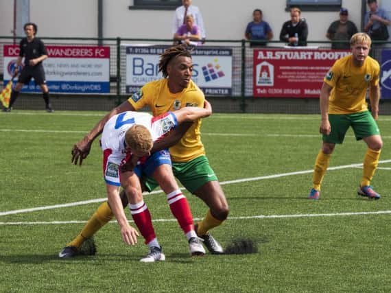 Tyrell Richardson-Brown, in action earlier in the season against Dorking, was voted man of the match after Horsham's emphatic 3-0 home win over Corinthian Casuals in the first qualifying round of the FA Trophy on Saturday. Picture by Tommy McMillan.