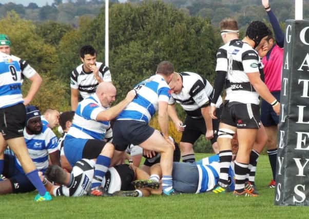 Frazer McManus scores a try for Hastings & Bexhill Rugby Club against Pulborough. Pictures courtesy Peter Knight