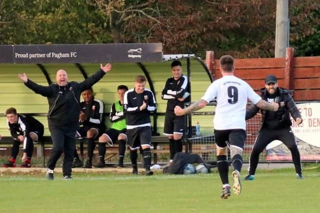 George Gaskin celebrates his 74th minute winner on Saturday as Pagham defeated Horsham YMCA 1-0 in the SCFL Premier Division. Picture by Roger Smith.