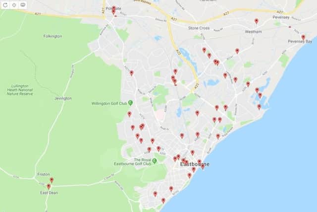 A map of all the public access defibrillators available in and around Eastbourne