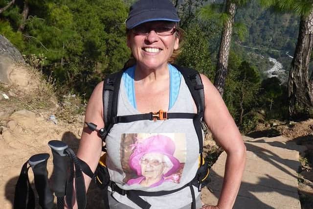 Sandra Grant wearing her t-shirt with a photo of her mum Joan Cox