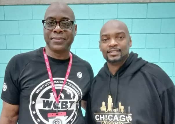 Eric Douglin (left) with a Chicago Legends coach at the World Club Basketball Tournament 2018. Picture courtesy Martin Webb, webphotouk