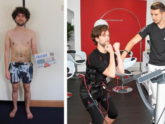 Worthing Herald reporter James Butler is trying the Bodystreet studio in Chapel Road, Worthing for six weeks. Left: after session one. Right: James being trained with Charlie. Pictures: Stephen Wynn-Davies and Derek Martin