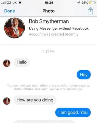 A screenshot of one of the Facebook messages involved in the Bob Smytherman scam SUS-180211-123534001