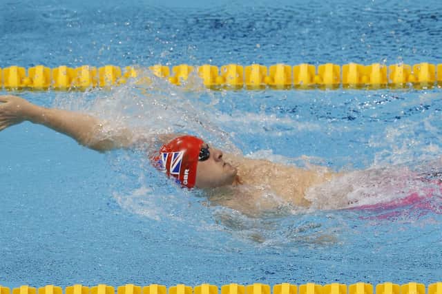 Mike Goody in action during the men's S10 50m backstroke swimming final at the London Aquatics Centre at Olympic Park in 2014. Picture by Steve Bardens