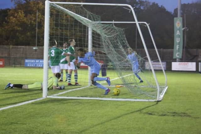 Tyrell Richardson-Brown has just swept in Horsham's late winner against Ashford United. Picture by John Lines