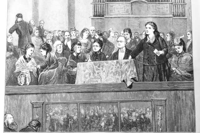 An image in the press of Rhoda Garrett speaking in London in 1872. Rhoda and Agnes Garrett could be getting a blue plaque at their home in The Firs, Rustington