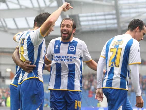 Inigo Calderon celebrates a Brighton goal. Picture by Angela Brinkhurst
