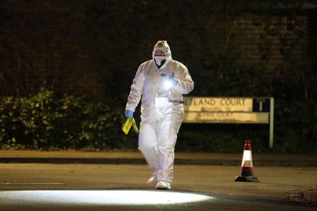 A forensic spealist at the scene in February