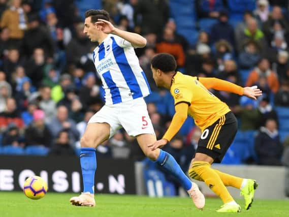 Brighton defender Lewis Dunk in action against Wolves. Picture by PW Sporting Photography