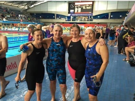On poolside, the new British and European record holders, the winning ladies freestyle team. From left to right; Jill Rocky, Sally Mills, Allison Gwynn and Coral Wallis. Picture courtesy of Lisa Mills.
