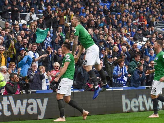 Lewis Dunk and Shane Duffy celebrate the former's opening goal for Brighton & Hove Albion against Cardiff City. Picture by PW Sporting Photography