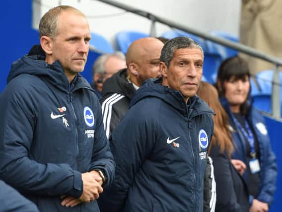 Brighton & Hove Albion manager Chris Hughton and assistant Paul Trollope watch on. Picture by PW Sporting Photography