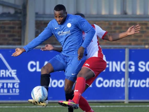 Tony Nwachukwu, in action against Langney Wanderers last weekend, opened the scoring for Horsham YMCA in their nail-biting 4-3 home win over AFC Uckfield Town in the Premier Division on Saturday. Picture by Jon Rigby.