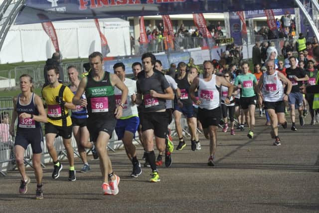 The sun was shining but the wind was still strong by the start of the Poppy Half Marathon on Saturday