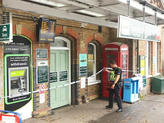 Police at Burgess Hill Station this morning. Photo by Eddie Mitchell