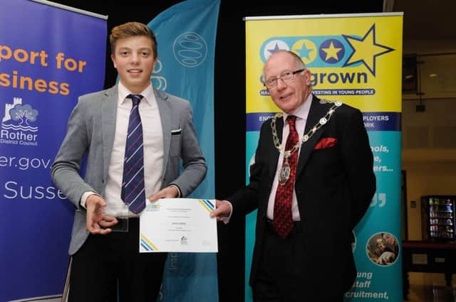 Own Grown Awards, Sussex Coast College, Hastings.14.11.13.Pictures by: TONY COOMBES PHOTOGRAPHYAward: Best Achievement Aged 14-16:Sponsor: Rother District CouncilPresented by: Cllr Ian JenkinsWinner: Jack Cooper ENGSUS00120131115090053