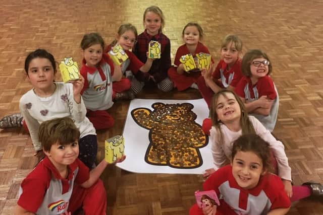 Pudsey Bear was covered in coins by 1st Charmandean Rainbows