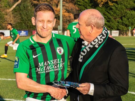 Pat Harding made his 350th appearance for Burgess Hill Town in their 3-0 win over Merstham at the weekend. Picture by Chris Neal.