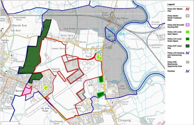 Ford neighbourhood plan site allocations. Outlined in red, the Ford airfield site. Excerpt from draft neighbourhood plan.