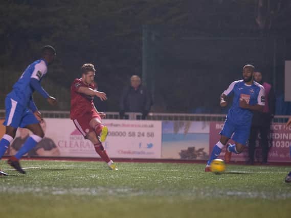 Sam Rents fires home Worthing's equaliser against Tonbridge Angels. Picture by Marcus Hoare