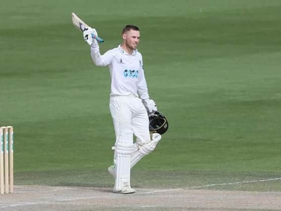 Salt acknowledges the Hove crowd after reaching his hundred off 87 balls against Derbyshire. Picture: Sussex Cricket