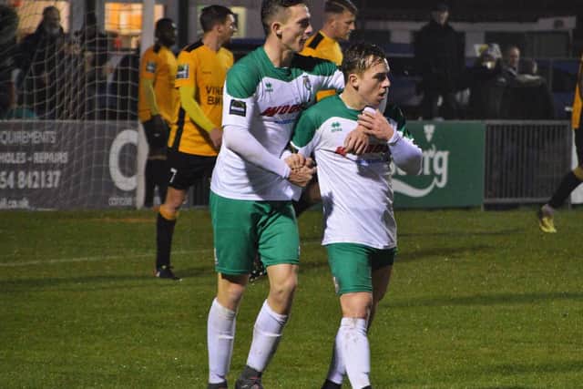 Dan Smith and Calvin Davies celebrate after teaming up for what proved the winning goal / Picture by Darren Crisp